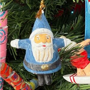 Santa Ornament Wooden Santa Blue Coat and Hat Ornament